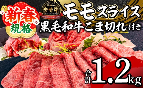 【期間限定】宮崎牛モモスライス500g×2 宮崎県産黒毛和牛小間切れ100g×2 合計1.2kg_M132-025-UP