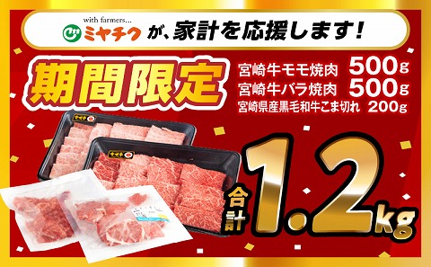 【期間限定】宮崎牛モモ焼肉500g×1 宮崎牛バラ焼肉500g×1 宮崎県産黒毛和牛小間切れ100g×2 合計1.2kg_M132-027-UP