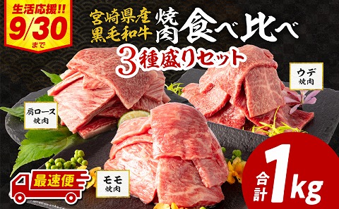 【期間限定・最速便】宮崎県産 黒毛和牛 肩ロース・モモ 焼肉 各300g×1 ウデ400g×1 合計1kg_M132-030-UP-2W