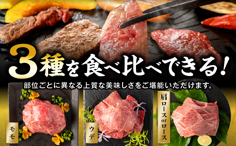 畜産農家応援！宮崎県産 黒毛和牛 焼肉3種セット(肩ロースorロース・ウデ・モモ 各300g) 国産 国産牛 黒毛和牛 ブランド牛 和牛 肩ロース ロース ウデ モモ 牛肉 焼肉 焼き肉 焼肉セット セット 食べ比べ 詰め合わせ 冷凍 お取り寄せ ギフト_M132-030-PU