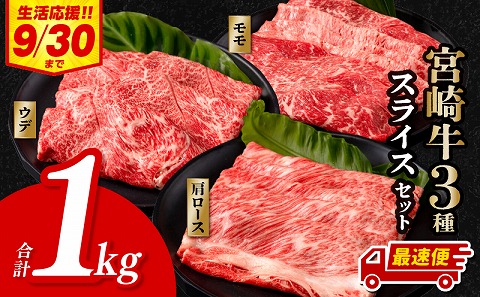 【期間限定・最速便】宮崎牛 スライス3種セット （モモスライス300g/ウデスライス400g/肩ローススライス300g）合計1kg_M132-041-UP-2W