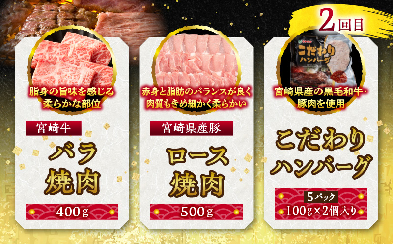 宮崎牛・宮崎県産豚・ハンバーグが毎月届く！ミヤチク堪能定期便(総重量10.4kg) 定期便 定期 6回 国産 宮崎牛 牛肉 豚肉 ハンバーグ チーズハンバーグ 詰め合わせ セット 食べ比べ 牛 豚 肉 焼き肉 焼肉 焼しゃぶ 焼きしゃぶ 小分け 冷凍 ギフト グルメ お取り寄せ_M132-T001