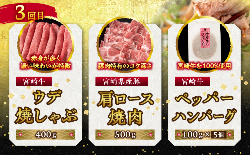 宮崎牛・宮崎県産豚・ハンバーグが毎月届く！ミヤチク堪能定期便(総重量10.4kg) 定期便 定期 6回 国産 宮崎牛 牛肉 豚肉 ハンバーグ チーズハンバーグ 詰め合わせ セット 食べ比べ 牛 豚 肉 焼き肉 焼肉 焼しゃぶ 焼きしゃぶ 小分け 冷凍 ギフト グルメ お取り寄せ_M132-T001