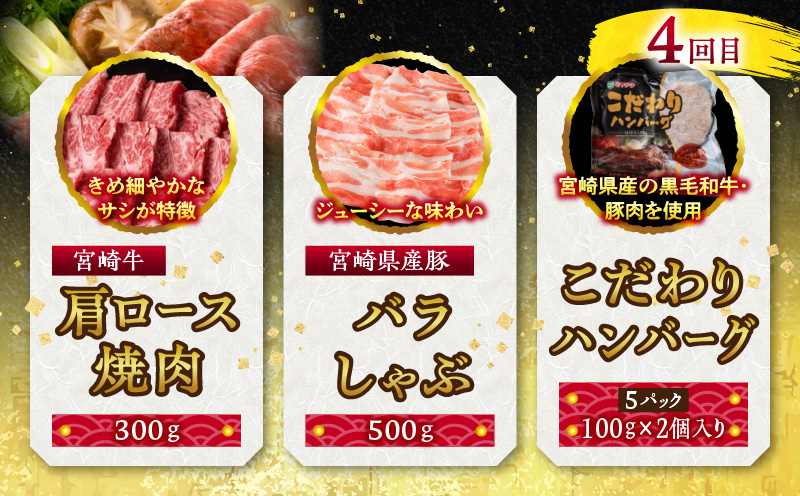 宮崎牛・宮崎県産豚・ハンバーグが毎月届く！ミヤチク堪能定期便(総重量10.4kg) 定期便 定期 6回 国産 宮崎牛 牛肉 豚肉 ハンバーグ チーズハンバーグ 詰め合わせ セット 食べ比べ 牛 豚 肉 焼き肉 焼肉 焼しゃぶ 焼きしゃぶ 小分け 冷凍 ギフト グルメ お取り寄せ_M132-T001