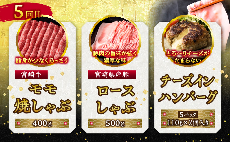 宮崎牛・宮崎県産豚・ハンバーグが毎月届く！ミヤチク堪能定期便(総重量10.4kg) 定期便 定期 6回 国産 宮崎牛 牛肉 豚肉 ハンバーグ チーズハンバーグ 詰め合わせ セット 食べ比べ 牛 豚 肉 焼き肉 焼肉 焼しゃぶ 焼きしゃぶ 小分け 冷凍 ギフト グルメ お取り寄せ_M132-T001