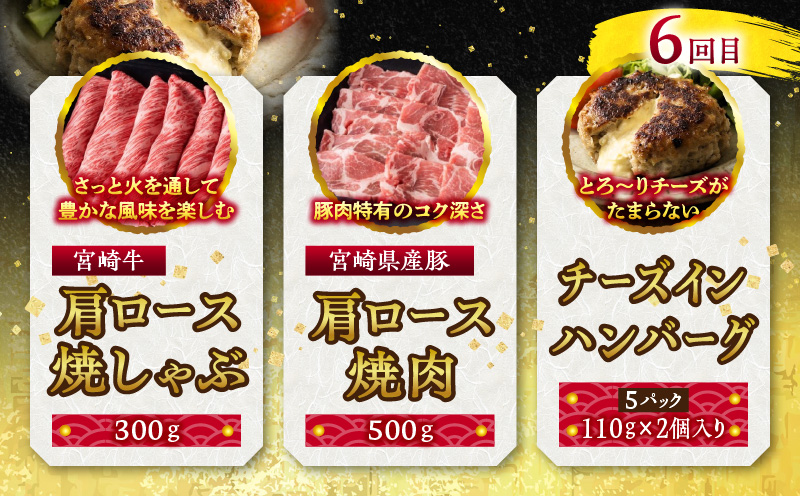 宮崎牛・宮崎県産豚・ハンバーグが毎月届く！ミヤチク堪能定期便(総重量10.4kg) 定期便 定期 6回 国産 宮崎牛 牛肉 豚肉 ハンバーグ チーズハンバーグ 詰め合わせ セット 食べ比べ 牛 豚 肉 焼き肉 焼肉 焼しゃぶ 焼きしゃぶ 小分け 冷凍 ギフト グルメ お取り寄せ_M132-T001