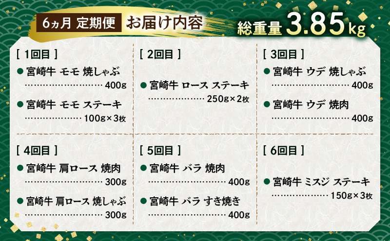 宮崎牛を食べつくす！ぎゅぎゅっとバラエティ定期便(総重量3.85kg) 定期便 定期 6回 宮崎牛 ブランド牛 国産牛 和牛 A4 牛肉 牛 肉 詰め合わせ セット 食べ比べ 味比べ 焼肉 焼き肉 焼しゃぶ 焼きしゃぶ すき焼き すきやき モモ ステーキ ステーキ肉 ロース ウデ 肩ロース バラ ミスジ 小分け 冷凍 グルメ お取り寄せ_M132-T002