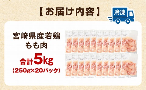 宮崎県産若鶏 もも肉 5kg（250g×20パック） 鳥肉 鶏 とり肉 肉 もも肉 もも 小分け 真空パック 冷凍 急速冷凍 唐揚げ からあげ チキン南蛮 焼き鳥 モモ肉 お弁当 おかず 料理_M146-008_02