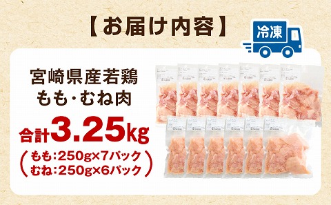宮崎県産若鶏 もも肉・むね肉セット 3.25kg 若鶏 肉 鶏 とり肉 もも肉 むね肉 小分け 真空パック 冷凍 唐揚げ からあげ チキン南蛮 焼き鳥 お弁当 おかず 一口サイズ カット済み 料理_M146-017