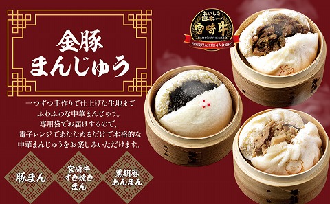 【定期便 全12回お届け】金豚中華お楽しみセット（宮崎牛すき焼きまん・自慢の豚まん・黒ごまあんまん、香港餃子、しそ餃子、にら餃子　各1種類）_M166-T003-12