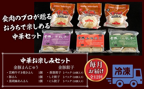 【定期便 全12回お届け】金豚中華お楽しみセット（宮崎牛すき焼きまん・自慢の豚まん・黒ごまあんまん、香港餃子、しそ餃子、にら餃子　各1種類）_M166-T003-12