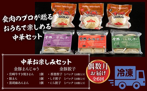 【定期便 偶数月 全6回お届け】金豚中華お楽しみセット（宮崎牛すき焼きまん・自慢の豚まん・黒ごまあんまん、香港餃子、しそ餃子、にら餃子　各1種類）_M166-T003-6