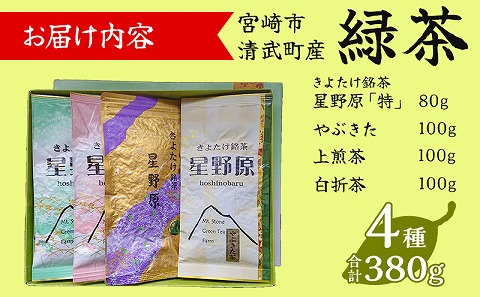 宮崎市 清武町産 緑茶4点セット 計380g_M211-001