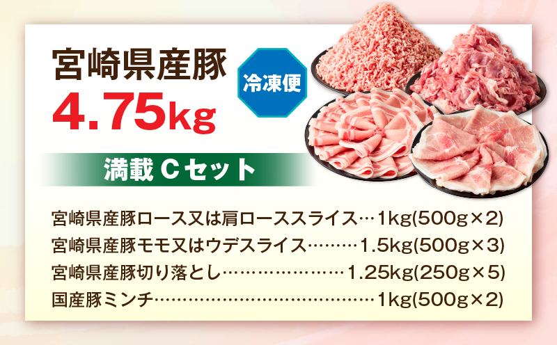 宮崎県産豚4.75kg 満載Cセット 豚 豚肉 豚肩ロース 豚ロース モモ ウデ スライス 切り落とし ミンチ しゃぶしゃぶ ぶた肉 炒め物 冷凍 豚汁_M241-021-04