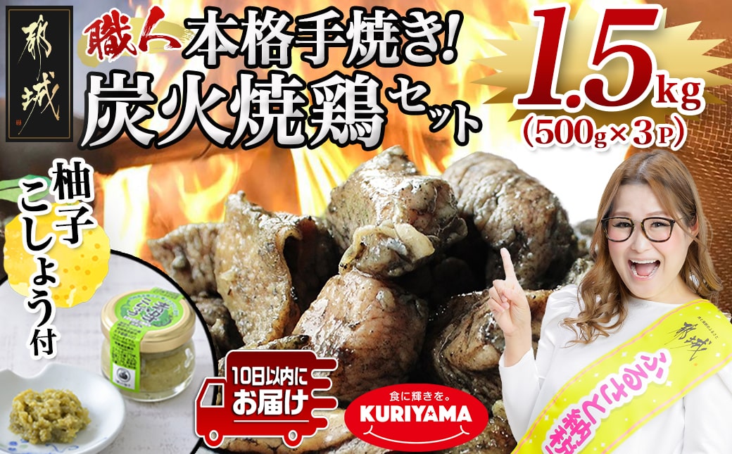 本格手焼き!炭火焼鶏1.5kg(500g×3P)ゆずこしょう付≪みやこんじょ特急便≫_AA-1413-Q_(都城市) リピーター続出!! 国産 鶏肉 塩のみ 急速冷凍 手焼き 湯せん 焼酎との相性も抜群 おつまみ 保存料不使用 ギャル曽根さんおすすめの鶏肉返礼品(炭火焼)