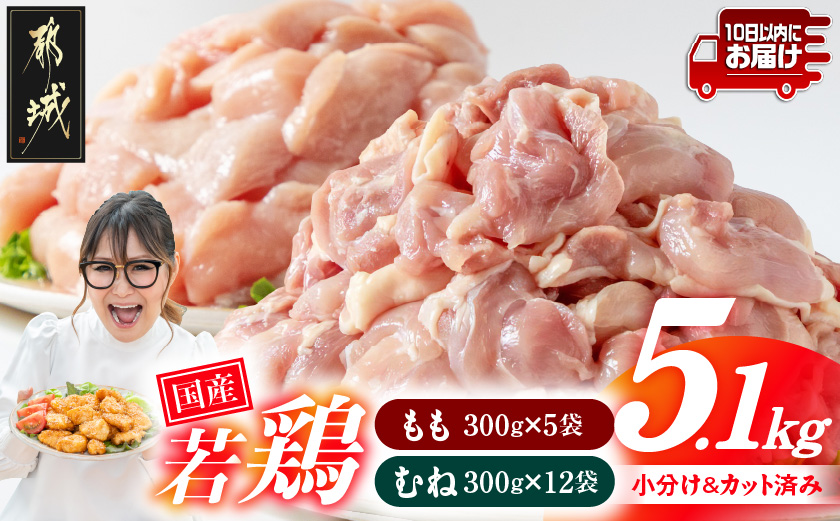 国産若鶏5.1kg 小分けパック!カット済み!(もも300g×5P・むね300g×12P)≪みやこんじょ特急便≫_33-007-N5100g-Q 鶏肉