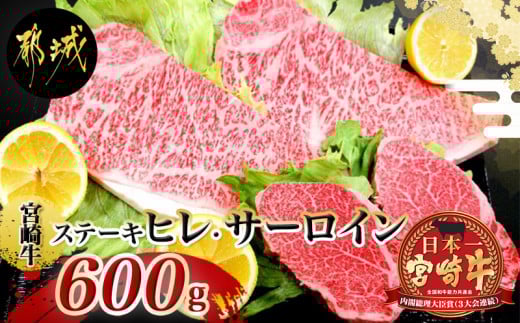 宮崎牛(A5)ヒレ&サーロインステーキ600g_MB-0125_(都城市) 牛肉 牛サーロインステーキ肉 (200g×2枚) 牛ヒレステーキ肉(100g×2) 合計600グラム 食べ比べ 贅沢ディナー Ａ5ランク 5等級 ギフト 贈答用