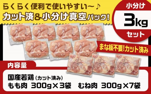 国産若鶏3kgセット 小分けパック!カット済み!(もも300g×3P・むね300g×7P)≪みやこんじょ特急便≫_11-33-007-N3kg-Q