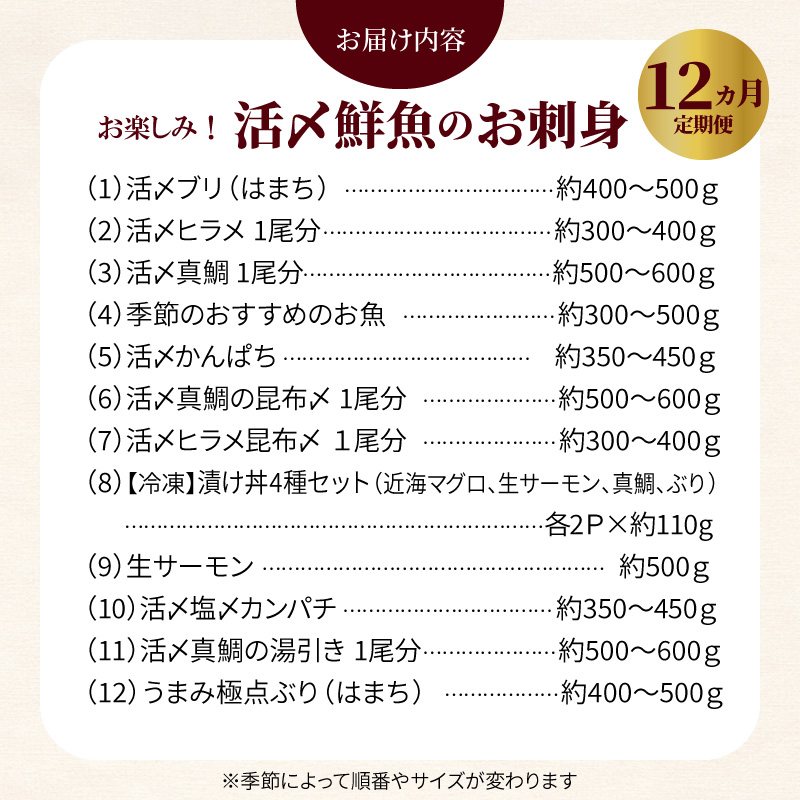 【お楽しみ定期便】延岡産活〆鮮魚の豪華お刺身 12ヶ月定期便 着日指定 鮮魚 豪華柵 国産 刺身 新鮮 ヒラメ 真鯛 カンパチ ブリ 漬け丼 マグロ サーモン メヒカリ はまち 季節 魚 湯引き 旬 鮮魚 海鮮 魚介類 冷蔵 九州 グルメ 送料無料 N019-YYG0191