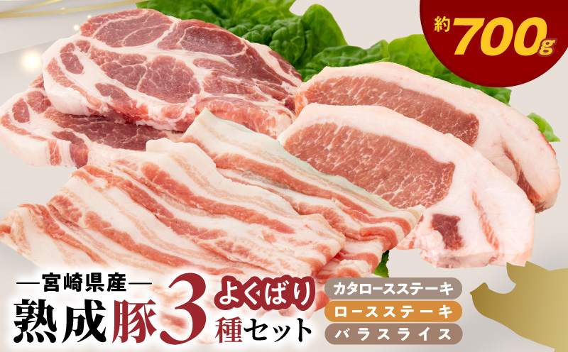 宮崎県産熟成豚 よくばり3種セットA-2（ステーキ2種 各2個/スライス1個）N0105-YA6607