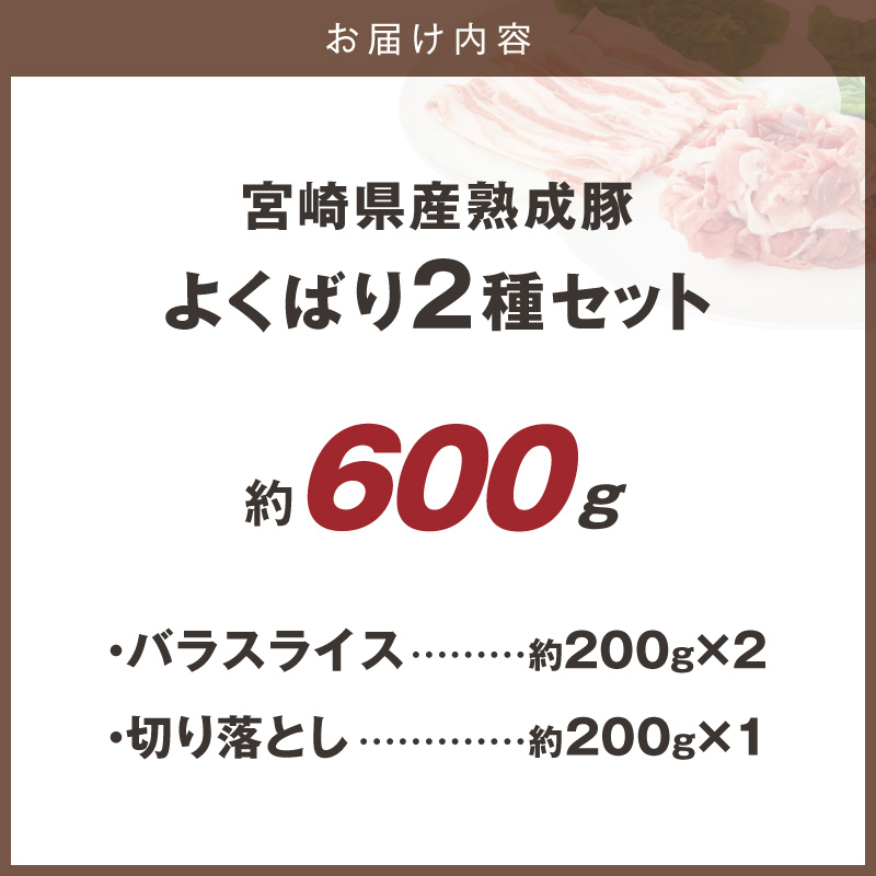 宮崎県産熟成豚 よくばり2種セットA（バラスライス2個/切り落とし1個）N0105-YA2286