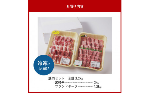 宮崎牛・宮崎ブランドポーク焼肉セット 合計3.2kg（10〜15人前）　N023-ZG006