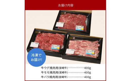 宮崎牛 ウデ モモ バラ 焼肉用 各400g 計1.2kg　N0147‐B814