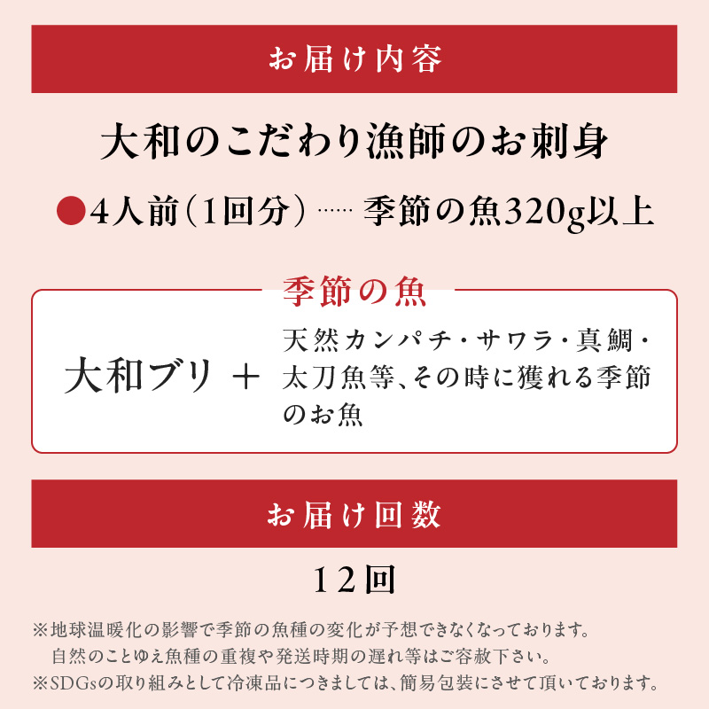 【12ヶ月定期便】大和海商 大和のこだわり漁師のお刺身4人前【冷蔵】 N072-YG0254-1