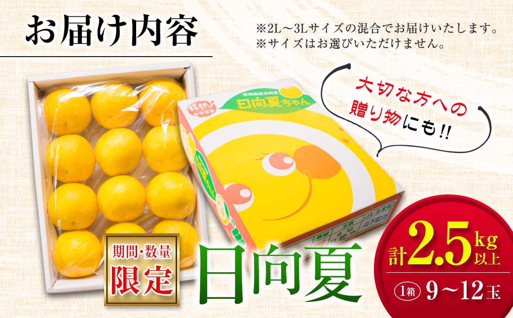 毎年大好評!!宮崎を代表するフルーツ 日向夏 計2.5kg以上 化粧箱入り 期間限定 数量限定 先行予約 2026 令和8年発送 果物 くだもの 柑橘 みかん みかんジュース デザート 国産 食品 おすすめ ギフト 贈り物 贈答 おすそ分け お祝い 宮崎県 日南市 送料無料_B214-23