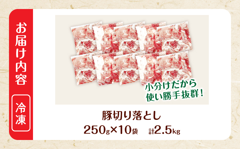 大人気 生冷凍 厳選 豚切り落とし 計2.5kg 国産 食品 豚肉 ぶた ポーク 小分け 個包装 真空パック 便利 大容量 生姜焼き 野菜炒め 豚汁 肉じゃが 豚丼 お弁当 おかず 晩ご飯 おすすめ 使い切りサイズ 万能食材 おすそ分け 宮崎県 日南市 送料無料_CV5-25-2W