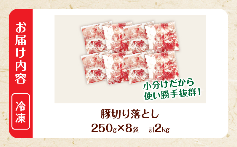 大人気 生冷凍 厳選 豚切り落とし 計2kg 国産 食品 豚肉 ぶた ポーク 小分け 個包装 真空パック 便利 大容量 生姜焼き 野菜炒め 豚汁 肉じゃが 豚丼 お弁当 おかず 晩ご飯 おすすめ 使い切りサイズ 万能食材 おすそ分け 宮崎県 日南市 送料無料_BD111-25-2W