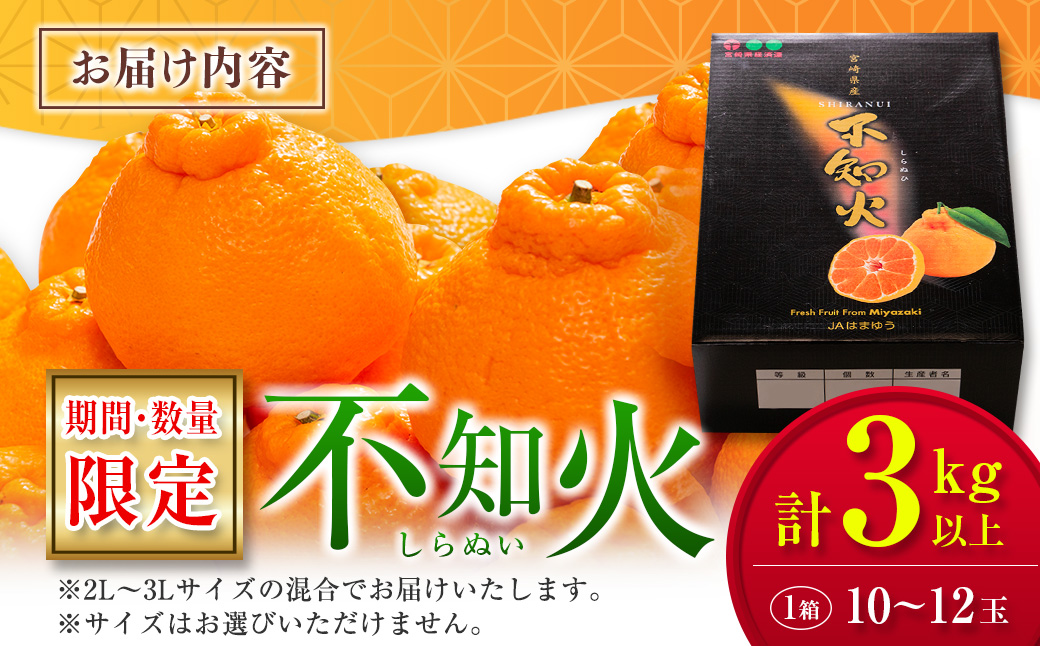 たっぷり果肉とジューシーな果汁!! 不知火 計3kg以上 化粧箱入り 期間限定 数量限定 先行予約 2026 令和8年発送 果物 くだもの 柑橘 みかん しらぬい デザート 国産 食品 おすすめ ギフト 贈り物 贈答 おすそ分け お祝い お返し 宮崎県 日南市 送料無料_BAV10-25