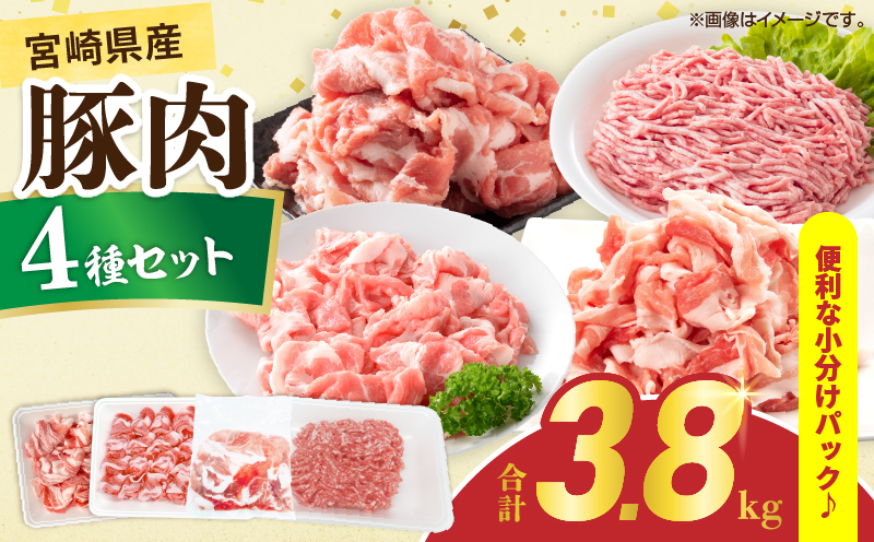 宮崎県産 豚肉 4種 セット (合計3.8kg) 国産 食品 豚バラ 切り落とし ロース 肩ロース ミンチ しゃぶしゃぶ 豚丼 ハンバーグ 餃子 ミートソース 個包装 小分け おすすめ おかず お弁当 晩ご飯 手軽 便利 万能食材 ギフト 贈り物 冷凍 日南市 送料無料_DA47-25