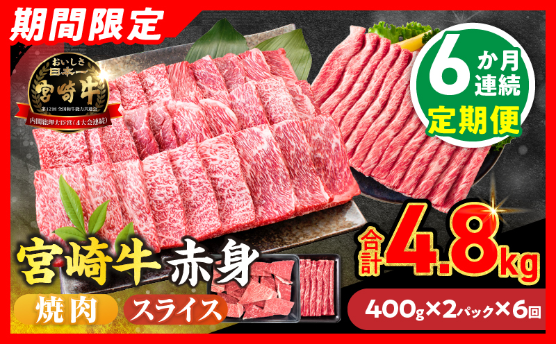6か月お楽しみ定期便【畜産農家応援】数量限定 厳選 宮崎牛 赤身 焼肉 スライス 計4.8kg 牛肉 国産 焼き肉 BBQ 鉄板焼き バーベキュー 人気 黒毛和牛 肩ウデ モモ A4 A5 等級 ギフト 贈答 小分け 食品 選べる ミヤチク 宮崎県 日南市 送料無料_LC2-26