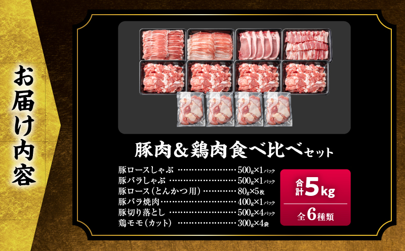 豚肉 鶏肉 食べ比べ セット 合計5kg 国産 食品 しゃぶしゃぶ 焼肉 BBQ とんかつ 切り落とし 豚ロース 豚バラ 鶏モモ からあげ 生姜焼き 小分け バラエティ 人気 おすすめ おすそ分け おかず お弁当 晩ご飯 宮崎県 日南市 送料無料_DC32-25