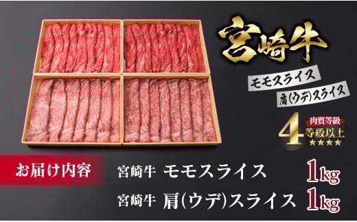 宮崎牛 モモ 肩ウデ スライス セット 合計2kg 牛肉 ビーフ 黒毛和牛 肉質等級4等級以上 国産 すき焼き しゃぶしゃぶ すきやき 焼肉 食品 ブランド牛 赤身肉 食べ比べ 贅沢 高級 ご褒美 お祝い 記念日 お取り寄せ グルメ おすすめ 宮崎県 日南市 送料無料_I13-191