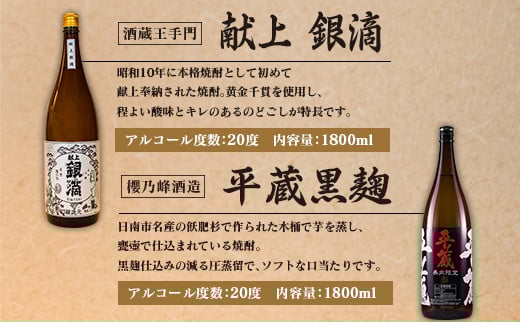 日南市 焼酎 蔵めぐり お楽しみ 6種 飲み比べ セット 1.8L 6本 お酒 アルコール 飲料 国産 人気 芋焼酎 呑み比べ 晩酌 松の露酒造 京屋酒造 古澤醸造 井上酒造 酒蔵王手門 櫻乃峰酒造 ご褒美 おすすめ 手土産 詰め合わせ お取り寄せ 宮崎県 日南市 送料無料_FG4-22