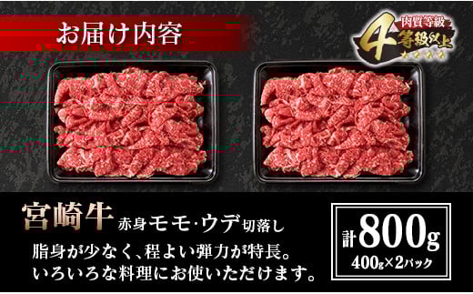 宮崎牛 赤身 モモ ウデ 切落し セット 計800g 牛肉 ビーフ 黒毛和牛 国産 ブランド牛 食品 もも うで 切り落とし 高級 贅沢 ご褒美 お祝い 記念日 人気 おすすめ カレー シチュー ハヤシライス 牛丼 おかず 冷凍 お取り寄せ グルメ 宮崎県 日南市 送料無料_DA46-25