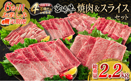 6か月 お楽しみ 定期便 宮崎牛 焼肉 スライス セット 総重量2.2kg 牛肉 ビーフ 黒毛和牛 国産 ブランド牛 すき焼き しゃぶしゃぶ 焼しゃぶ 炒め物 BBQ うで 肩ロース もも ばら ご褒美 お祝い 記念日 A4 4等級以上 お取り寄せ グルメ 宮崎県 日南市 送料無料_KB1-23