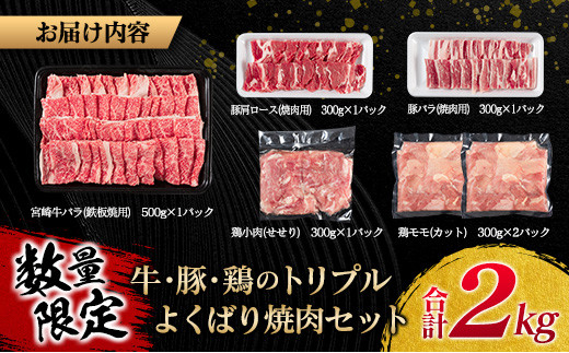 数量限定 牛肉 豚肉 鶏肉 トリプル よくばり 焼肉 セット 合計2kg 宮崎牛 ブランド牛 黒毛和牛 国産 食品 高級 贅沢 ご褒美 お祝 人気 おすすめ おかず お弁当 BBQ キャンプ グランピング お取り寄せ グルメ 詰め合わせ 大容量 宮崎県 日南市 送料無料_CB101-25