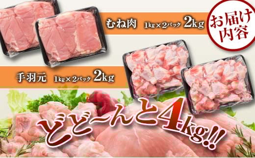 訳あり 数量限定 鶏肉 むね肉 手羽元 セット 合計4kg 国産 人気 チキン ムネ おかず お弁当 おつまみ 食品 万能食材 大容量 から揚げ 煮込み 焼肉 詰め合わせ 人気 おすすめ ギフト おすそ分け お取り寄せ グルメ 真空パック 宮崎県 日南市 送料無料_C143-25