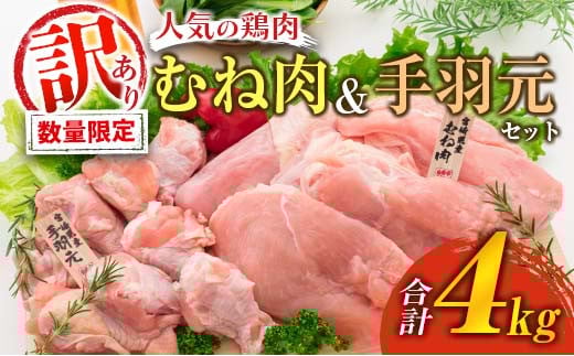 訳あり 数量限定 鶏肉 むね肉 手羽元 セット 合計4kg 国産 人気 チキン ムネ おかず お弁当 おつまみ 食品 万能食材 大容量 から揚げ 煮込み 焼肉 詰め合わせ 人気 おすすめ ギフト おすそ分け お取り寄せ グルメ 真空パック 宮崎県 日南市 送料無料_C143-25