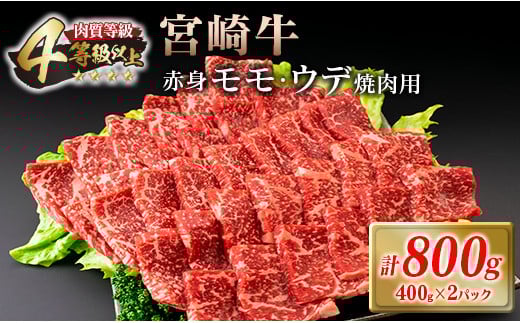 宮崎牛 赤身 モモ ウデ 焼肉 セット 計800g 牛肉 ビーフ 黒毛和牛 国産 ブランド牛 赤身肉 おすすめ おもてなし BBQ バーベキュー グランピング 鉄板焼き ご褒美 お祝い 記念日 詰め合わせ お取り寄せ グルメ 4等級以上 A4ランク以上 宮崎県 日南市 送料無料_DC28-25