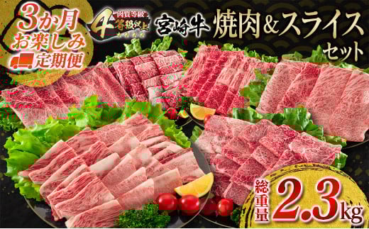 3か月 お楽しみ 定期便 宮崎牛 焼肉 スライス セット 総重量2.3kg 牛肉 ビーフ 黒毛和牛 国産 ブランド牛 ばら もも うで 肩ロース すき焼き しゃぶしゃぶ BBQ A4ランク以上 4等級以上 ご褒美 お祝い 記念日 おもてなし 食べ比べ お取り寄せ グルメ 送料無料_JC2-23