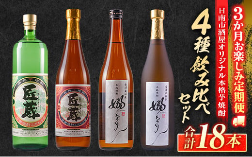 3か月 お楽しみ 定期便 日南市 酒屋 オリジナル 本格 芋焼酎 4種 飲み比べ セット 合計18本 アルコール 飲料 国産 お酒 匠蔵 嫋なり 松の露酒造 古澤醸造 おすすめ 呑み比べ 晩酌 家呑み 宅呑み お祝い ご褒美 記念日 お取り寄せ お土産 宮崎県 送料無料_IF2-22