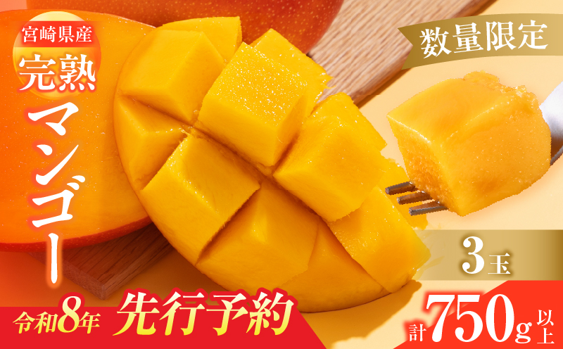 数量限定 宮崎県産 完熟マンゴー 3玉 計750g以上 期間限定 フルーツ スイーツ 果物 くだもの 食品 グルメ デザート 国産 産地直送 人気 おすすめ おやつ 高級 ご褒美 贅沢 贈り物 ギフト プレゼント 令和8年発送分 宮崎県 日南市 送料無料_CD74-25