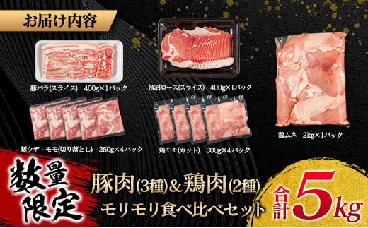 数量限定 豚肉 3種 鶏肉 2種 モリモリ 食べ比べ セット 合計5kg 豚バラ 豚肩ロース 豚ウデ 豚モモ 鶏もも 鶏むね 国産 スライス 切り落とし 食品 お弁当 おかず 焼肉 しゃぶしゃぶ から揚げ 万能食材 小分け 人気 大容量 おすすめ 宮崎県 日南市 送料無料_D107-25