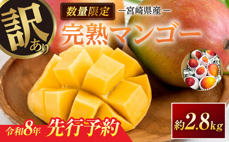 訳あり 宮崎県産 完熟マンゴー 約2.8kg 期間限定 数量限定 フルーツ 果物 くだもの 国産 食品 デザート おやつ フルーツサンド おすすめ ご褒美 贅沢 産地直送 傷 規格外 訳アリ おすそ分け 家庭用 冷蔵 宮崎県 日南市 送料無料_F77-24
