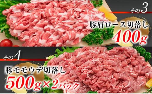 豚肉 切り落とし 4種 セット 合計2.2kg 日南市産 ポーク 国産 食品 おかず お弁当 おつまみ 万能食材 豚ロース 豚バラ 豚モモ 豚ウデ 切落し 食べ比べ 人気 おすすめ カレー 焼肉 生姜焼き 炒め物 大容量 お取り寄せ おすそ分け 宮崎県 日南市 送料無料_BC108-25