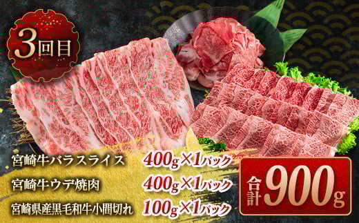 数量限定 3か月 お楽しみ 定期便 宮崎牛 スライス 焼肉 セット 総重量1.8kg 牛肉 黒毛和牛 ブランド牛 ミヤチク 国産 肩ロース モモ バラ ウデ 小間切れ 食品 おかず すき焼き しゃぶしゃぶ お祝 記念日 ご褒美 お取り寄せ グルメ 宮崎県 日南市 送料無料_HE7-25